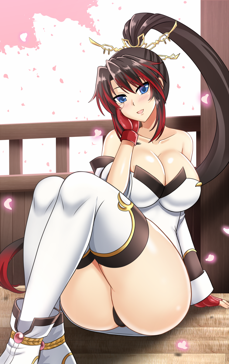 1girl arm_support black_hair black_panties blue_eyes blush breasts cherry_blossoms cleavage dress fingerless_gloves gloves hand_on_own_face highres huge_breasts long_hair looking_at_viewer nanbu_kaguya open_mouth panties seductive_smile sitting smile solo super_robot_wars super_robot_wars_og_saga_mugen_no_frontier the-sinnerz thick_thighs thighhighs thighs underwear