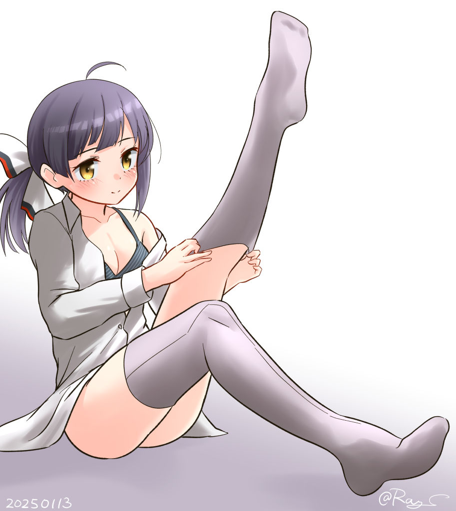 1girl ahoge asymmetrical_bangs black_hair bra breasts collared_shirt cut_bangs dated dress_shirt dressing fujinami_(kancolle) fujinami_kai_ni_(kancolle) gradient_hair grey_bra grey_thighhighs kantai_collection long_sleeves medium_hair multicolored_hair one-hour_drawing_challenge ray.s ribbon shirt side_ponytail small_breasts solo thighhighs twitter_username underwear white_background white_ribbon white_shirt yellow_eyes