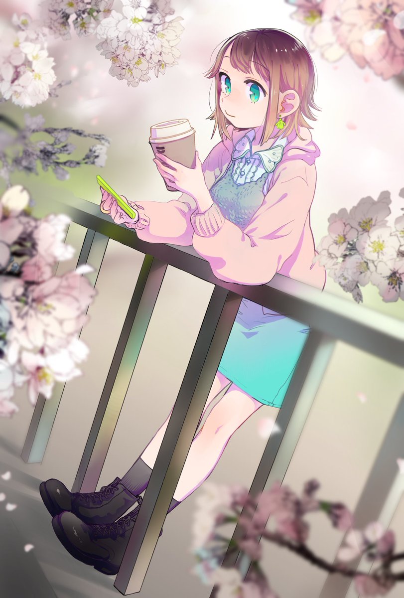 1girl against_railing anime_coloring black_boots black_socks blue_skirt boots brown_hair cellphone cherry_blossoms cup disposable_coffee_cup disposable_cup earrings ethanol80per green_eyes highres holding holding_cup holding_phone hood hoodie jewelry open_clothes open_hoodie original phone pink_hoodie railing ring short_hair skirt smartphone socks solo spring_(season) sweater