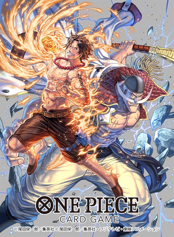 2boys abs arm_tattoo bandana black_bandana black_hair black_shorts clenched_hand commentary_request copyright_name devil_fruit_power edward_newgate elbow_pads facial_hair fire freckles full_body holding holding_weapon izuka_daisuke jewelry male_focus multiple_boys mustache necklace official_art one_piece one_piece_card_game pearl_necklace portgas_d._ace pouch sash scar scar_on_chest short_hair shorts single_elbow_pad smile tattoo thigh_pouch topless_male weapon