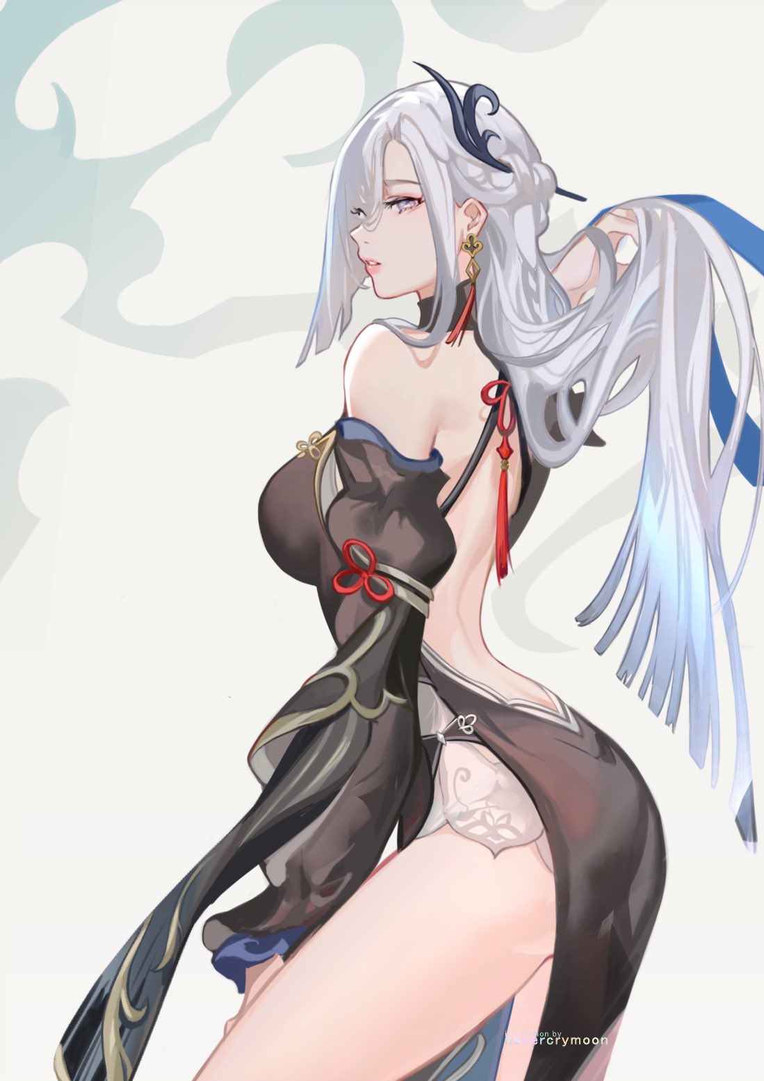 1girl arched_back artist_name back backless_outfit blue_eyes breasts commentary english_commentary from_side genshin_impact grey_hair hair_lift hair_ornament hair_stick highres large_breasts long_hair long_sleeves nevercrymoon parted_lips pelvic_curtain shenhe_(frostflower_dew)_(genshin_impact) shenhe_(genshin_impact) solo tassel very_long_hair
