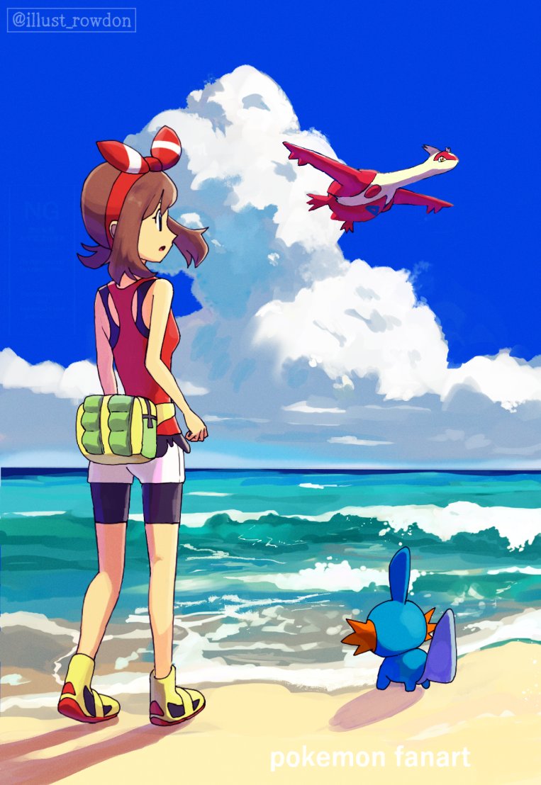 1girl bare_shoulders beach bike_shorts bike_shorts_under_shorts black_shorts boots bow brown_hair cloud cloudy_sky fanny_pack full_body gen_3_pokemon hair_bow latias legendary_pokemon may_(pokemon) mudkip nintendo ocean open_mouth pokemon pokemon_(creature) pokemon_oras red_bow red_shirt rowdon shirt shorts sky sleeveless sleeveless_shirt twitter_username white_shorts yellow_boots