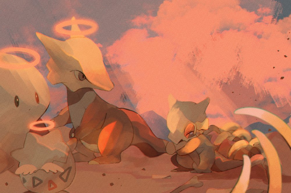 angel_wings animal_focus arm_up black_eyes bone brown_eyes closed_eyes cloud cloudy_sky commentary crying cubone death gen_1_pokemon gen_2_pokemon gen_4_pokemon halo hug hugging_another&#039;s_tail hugging_tail li04r looking_at_another marowak mother_and_child nintendo no_humans pokemon pokemon_(creature) ribs sky standing tail togekiss togepi twilight white_wings wings