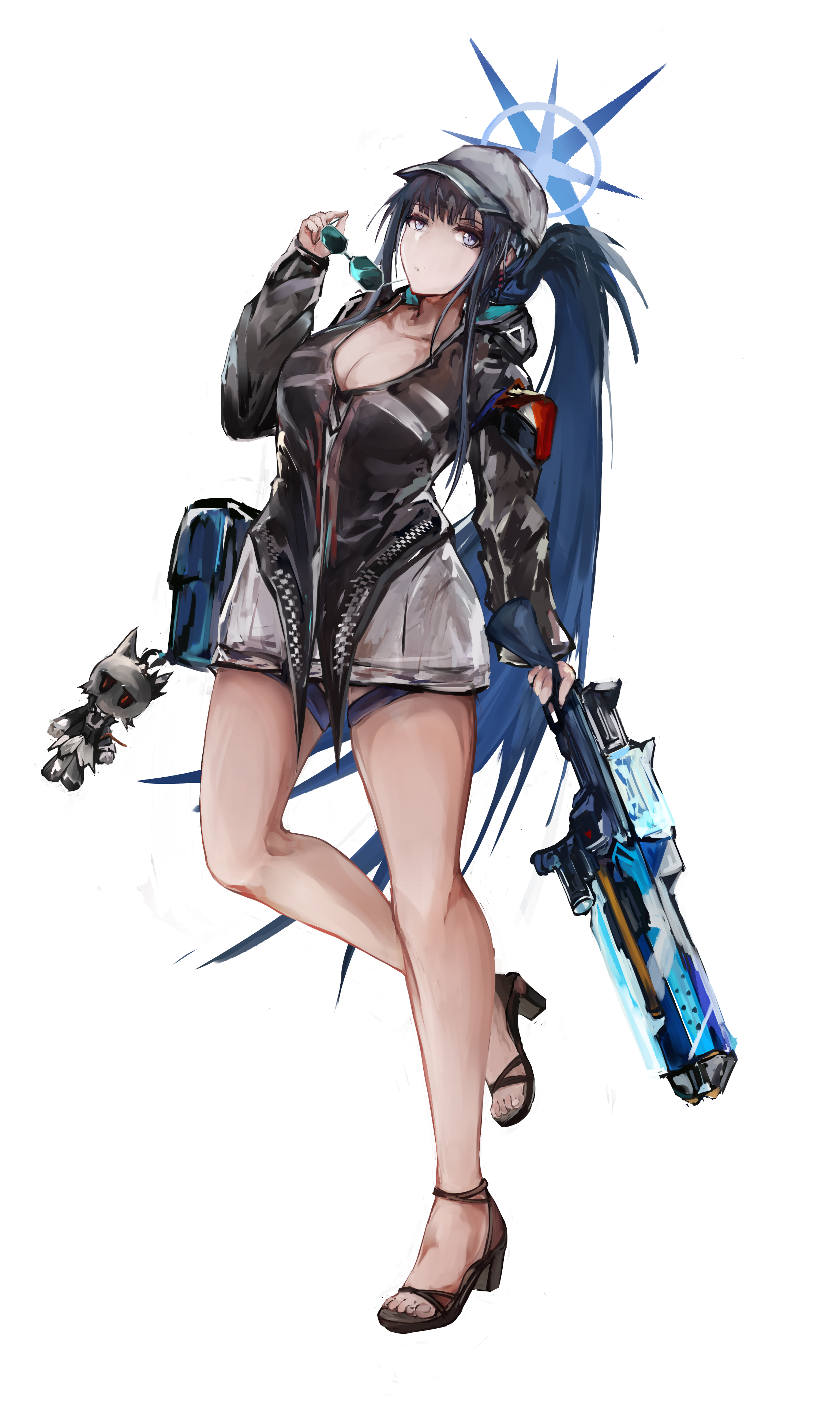 1girl absurdres arknights bare_legs baseball_cap black_jacket blue_archive blue_eyes blue_hair breasts ch'en_(arknights) ch'en_(arknights)_(cosplay) ch'en_the_holungday_(arknights) character_doll charm_(object) cleavage commentary_request cosplay doll folded_ponytail full_body grey_hat hand_up hat high_heels highres holding holding_removed_eyewear holding_water_gun ishigami_shizuka jacket kisumun long_hair long_sleeves looking_at_viewer medium_breasts saori_(blue_archive) simple_background solo standing standing_on_one_leg sunglasses talulah_(arknights) thighs unworn_eyewear very_long_hair voice_actor_connection water_gun white_background