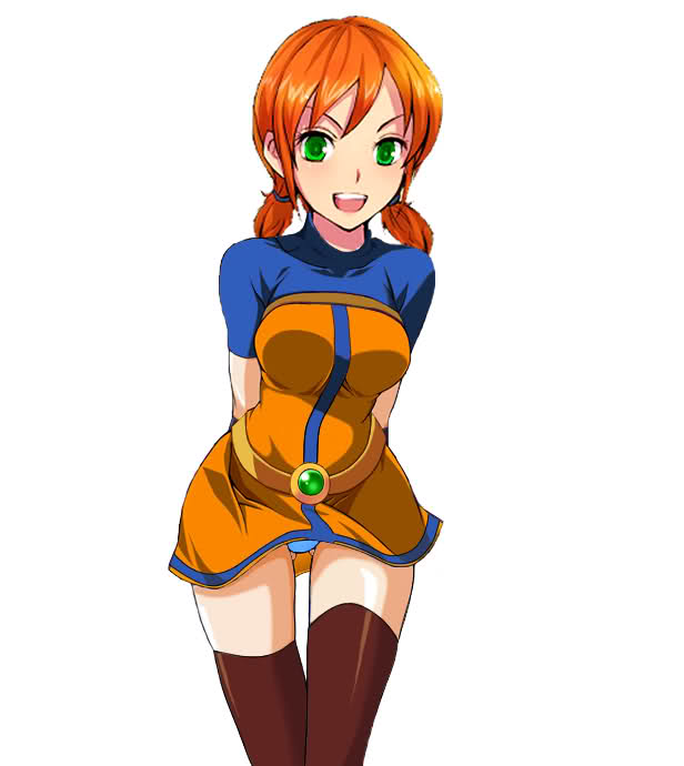 1girl arms_behind_back belt dress female_focus gluteal_fold green_eyes happy leaning_forward looking_at_viewer m.u.g.e.n orange_hair panties pantyshot shinzaki_maria short_twintails simple_background smile solo the_king_of_fighters the_king_of_fighters_2003 thighhighs twintails underwear white_background zettai_ryouiki