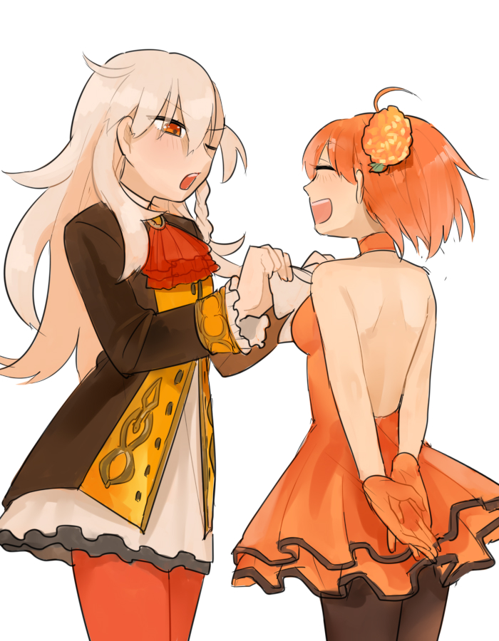 2girls :d ;o ^_^ ahoge arms_behind_back back backless_dress backless_outfit bare_arms bare_back black_legwear blush breasts choker closed_eyes cowboy_shot dress facing_another fate/grand_order fate_(series) female_focus flower formal_clothes from_side fujimaru_ritsuka_(female) fujimaru_ritsuka_(female)_(starlight_fest) gloves hair_between_eyes hair_flower hair_ornament happy long_hair long_sleeves looking_at_another medium_breasts multiple_girls natsuko_(summer_525528) official_alternate_costume olga_marie_animusphere one_eye_closed open_mouth orange_choker orange_dress orange_eyes orange_flower orange_gloves orange_hair orange_legwear pantyhose round_teeth short_dress short_hair simple_background smile standing strapless strapless_dress suit teeth type-moon white_background white_hair