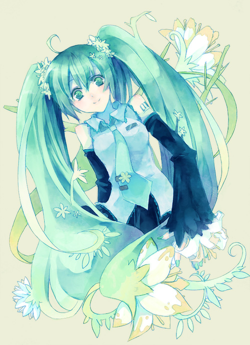 ahoge aqua_eyes aqua_hair bad_id bad_pixiv_id blush detached_sleeves flower green_eyes green_hair hair_ornament hatsune_miku icc long_hair nail_polish necktie simple_background smile solo twintails vocaloid