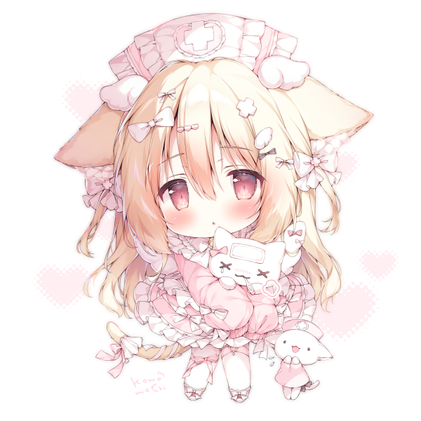 1girl :3 animal_ear_fluff animal_ears black_bow blush bow cat cat_ears cat_girl cat_tail chibi chibi_only cold_pack commentary_request dress frilled_dress frills hair_bow hat heart long_hair long_sleeves momozu_komamochi nurse_cap original parted_lips pink_dress pink_hat pink_ribbon pink_shoes red_eyes ribbon shoes signature sleeves_past_fingers sleeves_past_wrists solo tail tail_ornament tail_ribbon tareme thermometer thigh_strap thighhighs vanilla_(momozu_komamochi) white_bow white_ribbon white_thighhighs x_x