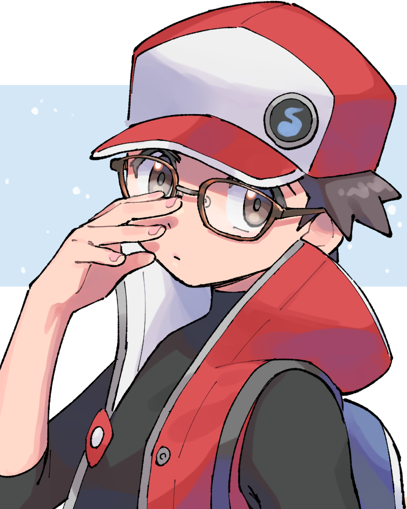 1boy adjusting_eyewear backpack bag bespectacled brown_eyes brown_hair commentary_request game_freak glasses hat male_focus nintendo pokemon pokemon_masters_ex pumpkinpan red_(pokemon) red_(sygna_suit)_(pokemon) red_hat red_vest snowing solo turtleneck upper_body vest