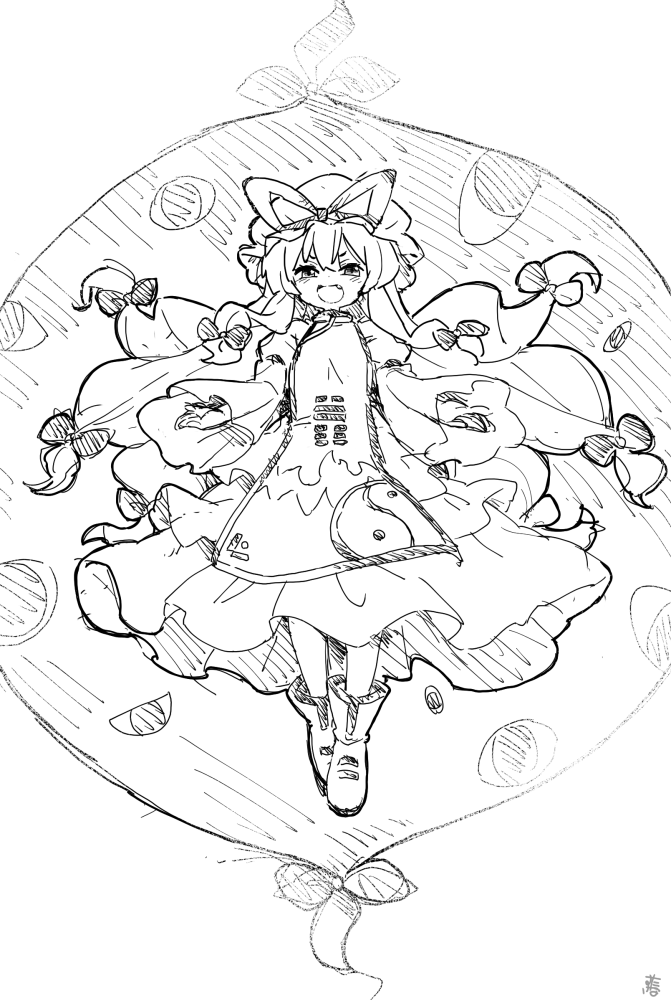 1girl aged_down bow commentary_request dress fang floating floating_hair full_body gap_(touhou) greyscale hair_bow hat long_hair long_sleeves looking_at_viewer mob_cap monochrome open_mouth shoes smile solo tabard tanasuke touhou trigram wide_sleeves yakumo_yukari yakumo_yukari_(young) yin_yang yin_yang_print