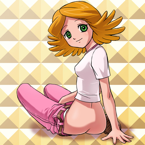 1980s_(style) 1girl arm_support ass back belt butt_crack clothes_pull denim female_focus flat_chest flipped_hair from_behind green_eyes haruyama_kazunori head_tilt jeans looking_at_viewer looking_back lowres naughty_face oldschool orange_hair ougon_senshi_gold_lightan panties pants pants_pull panty_pull parted_bangs retro_artstyle shadow shirt shoes short_hair sitting smile solo spiked_hair t-shirt takakura_emi underwear white_panties