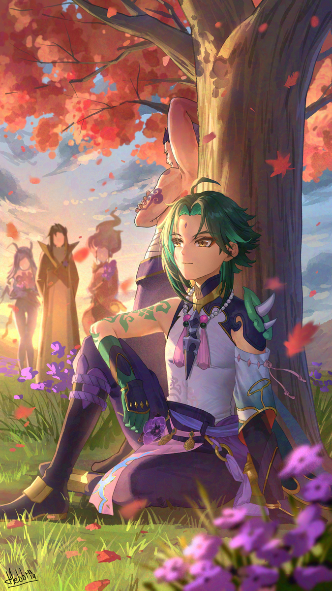 2girls 3boys against_tree antenna_hair arm_tattoo armor artist_name bead_necklace beads bonanus_(genshin_impact) bosacius_(genshin_impact) falling_leaves flower forehead_jewel gauntlets genshin_impact green_hair hebbtia highres holding holding_flower indarias_(genshin_impact) jewelry leaf long_hair menogias_(genshin_impact) multiple_boys multiple_girls necklace pants parted_bangs pelvic_curtain purple_flower purple_pants shirt short_hair shoulder_armor signature sleeveless sleeveless_shirt sunset tassel tattoo tree white_shirt xiao_(genshin_impact) yellow_eyes
