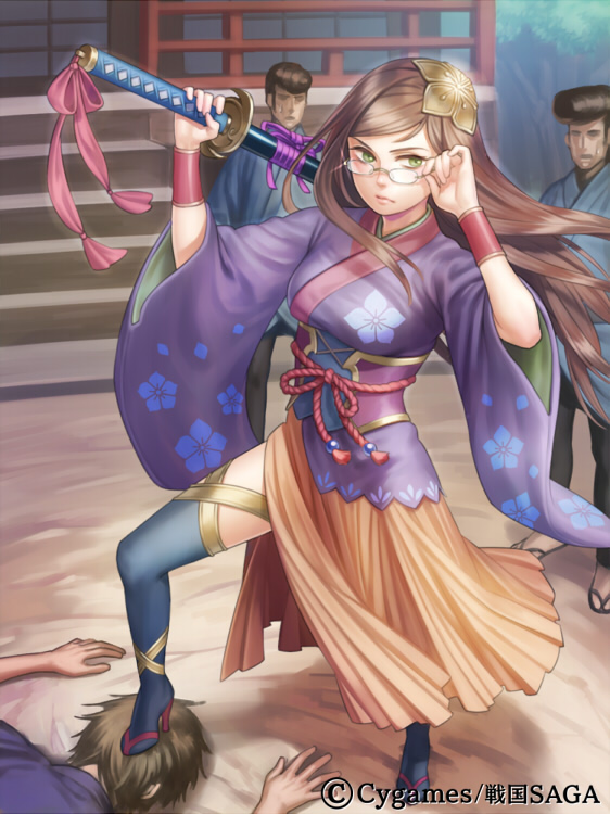 1girl 3boys akechi_mitsuhide akechi_mitsuhide_(sengoku_saga) black_hair black_thighhighs brown_hair esukee foot_on_head glasses green_eyes hair_ornament high_heels holding japanese_clothes katana lips long_hair multiple_boys ribbon sengoku_saga shoes standing_on_another&#039;s_head sweatdrop sword thighhighs weapon