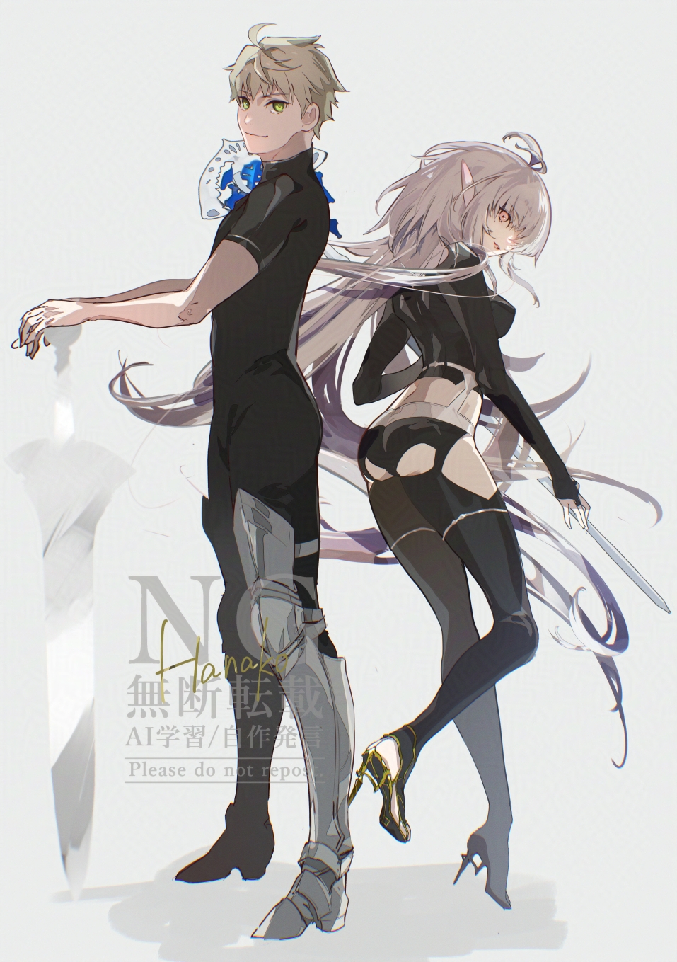 1boy 1girl ahoge armored_boots arthur_pendragon_(fate) ass back black_gloves black_pants boots breasts fate/grand_order fate/prototype fate_(series) fingerless_gloves full_body gloves green_eyes hanako_(onikutabetaiyo) high_heels highres long_hair long_sleeves looking_at_viewer looking_back medium_breasts merlin_(fate/prototype) open_mouth pants pointy_ears red_eyes short_hair short_sleeves smile staff very_long_hair white_hair
