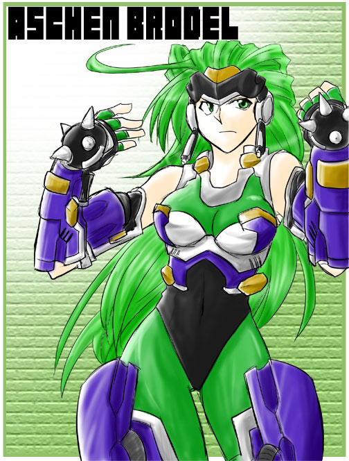 1girl aschen_brodel banpresto black_bodysuit bodysuit breasts character_name female_focus fingerless_gloves gauntlets gloves green_eyes green_hair koshika large_breasts long_hair matching_hair/eyes solo super_robot_wars super_robot_wars_og_saga_mugen_no_frontier