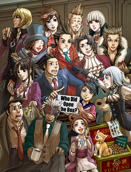 6+boys 6+girls ace_attorney ace_attorney_investigations ace_attorney_investigations:_miles_edgeworth apollo_justice apollo_justice:_ace_attorney black_gloves black_hair blonde_hair blue_badger blue_necktie blush_stickers brown_hair character_request closed_eyes coffee_mug collar commentary_request cup dick_gumshoe dog ema_skye eyewear_on_head facial_hair food franziska_von_karma gloves godot_(ace_attorney) grey_pants hat heart holding holding_cup holding_food holding_key kay_faraday key klavier_gavin larry_butz miles_edgeworth mug multiple_boys multiple_girls necktie one_eye_closed open_mouth pants pearl_fey phoenix_wright psyche-lock purple_eyes red_necktie shi-long_lang shih-na smile sunglasses top_hat trucy_wright vest wakadori white_necktie