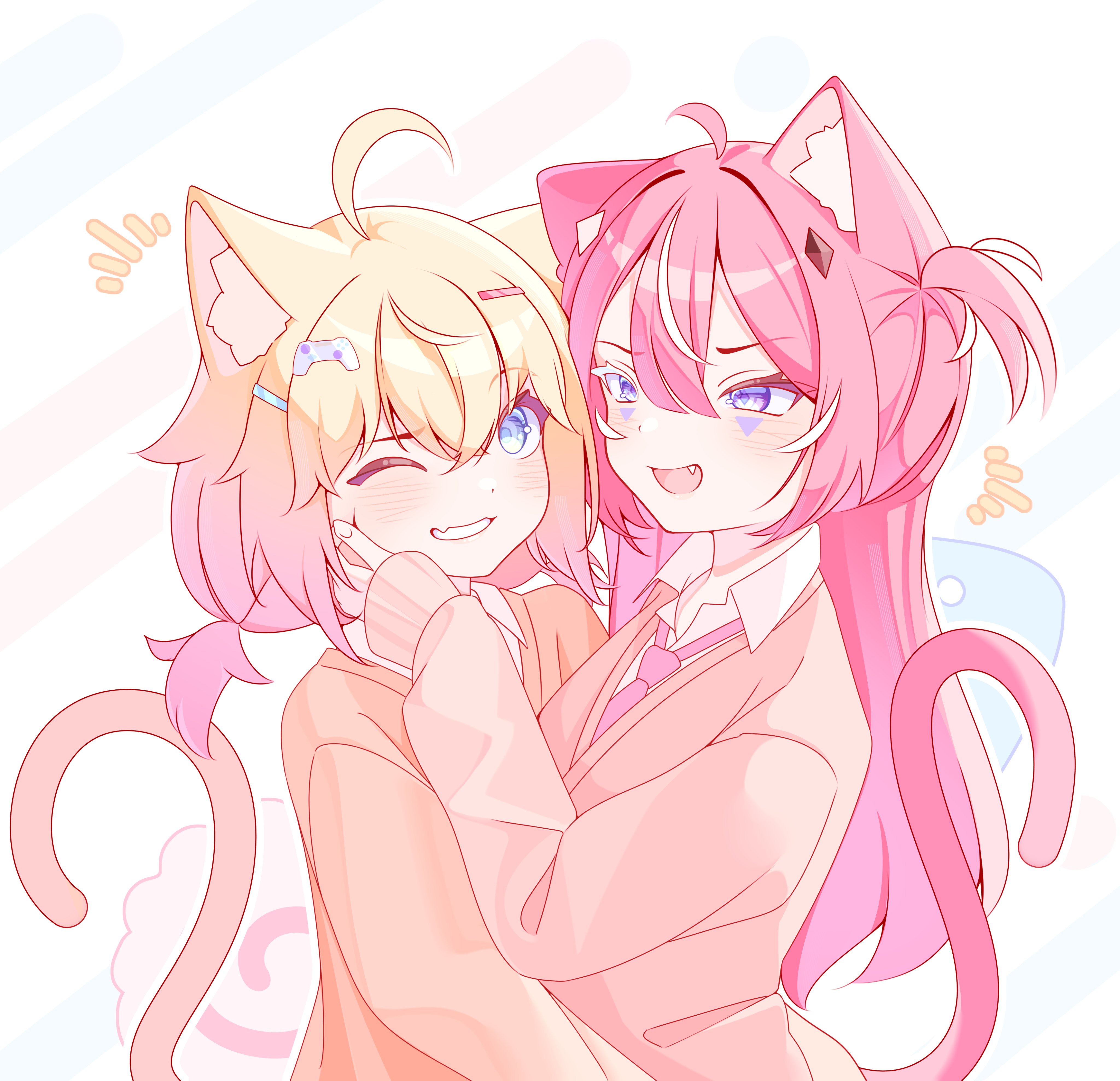 2girls absurdres animal_ears blonde_hair blue_eyes bow bowtie camila_(vtuber) cardigan cat_ears cat_girl cat_tail collared_shirt controller_hair_ornament fang from_side gradient_hair grin hair_between_eyes hair_ornament hairpin highres indie_virtual_youtuber long_hair mats_kuro medium_hair minikomew multicolored_hair multiple_girls one_eye_closed open_mouth pink_bow pink_bowtie pink_hair purple_eyes school_uniform shirt smile streaked_hair tail two_side_up upper_body virtual_youtuber white_hair white_shirt yellow_cardigan