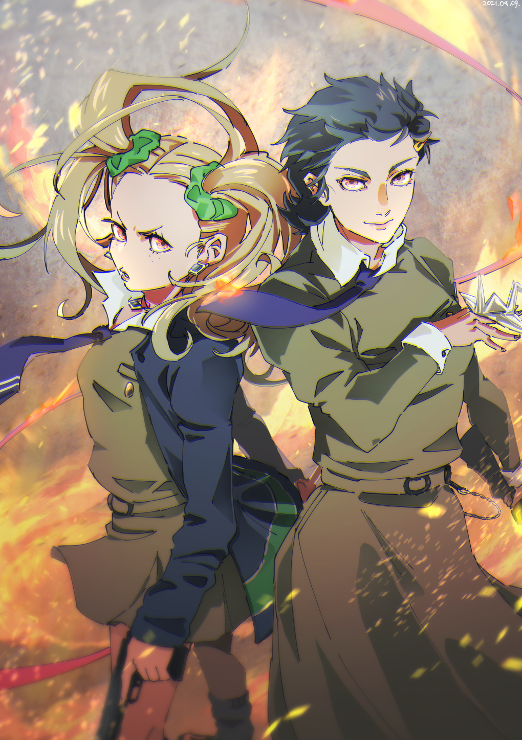 2girls ayase_yuka belt black_hair blonde_hair blue_cardigan blue_necktie cardigan collared_shirt dual_wielding earrings embers floating_hair freckles grey_belt grey_jacket grey_skirt gun hair_ornament hair_scrunchie hairclip highres holding holding_gun holding_weapon holding_whip jacket jewelry long_hair looking_at_viewer mayuzumi_yukino multiple_girls necktie origami paper_crane persona persona_1 red_eyes school_uniform scrunchie shirt short_hair skirt smile st._hermelin_school_uniform tori_(bromaticbrotrap) twintails weapon