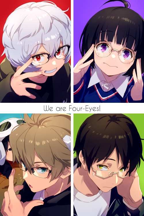 1girl 3: 4boys adjusting_eyewear ahoge amatori_chika animal aqua_background bespectacled black-framed_eyewear black_hair black_jacket black_sweater blue_background blue_eyes blue_sweater blunt_bangs bob_cut brown_hair capybara casual closed_mouth collared_shirt covered_face dress_shirt echo_(circa) english_text glasses goggles goggles_on_headwear green_background grey-framed_eyewear grey_hair grin hand_on_eyewear hand_up hands_on_eyewear helmet horns hyuse jacket kuga_yuuma long_sleeves looking_at_viewer mikumo_osamu multiple_boys parted_lips portrait purple_eyes raijinmaru red_background red_eyes rindou_youtarou round_eyewear semi-rimless_eyewear shirt short_hair simple_background smile sweater t-shirt under-rim_eyewear white_headwear white_shirt world_trigger