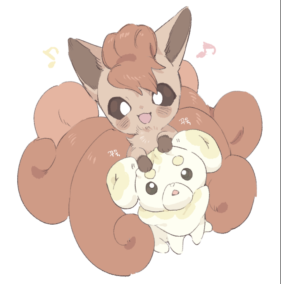 animal_hands fidough fluffy gen_1_pokemon hands_on_another&#039;s_head multiple_tails nintendo no_humans pokemon pokemon_(creature) short_eyebrows simple_background smile sok_(mr14_c) tail thick_eyebrows vulpix white_background