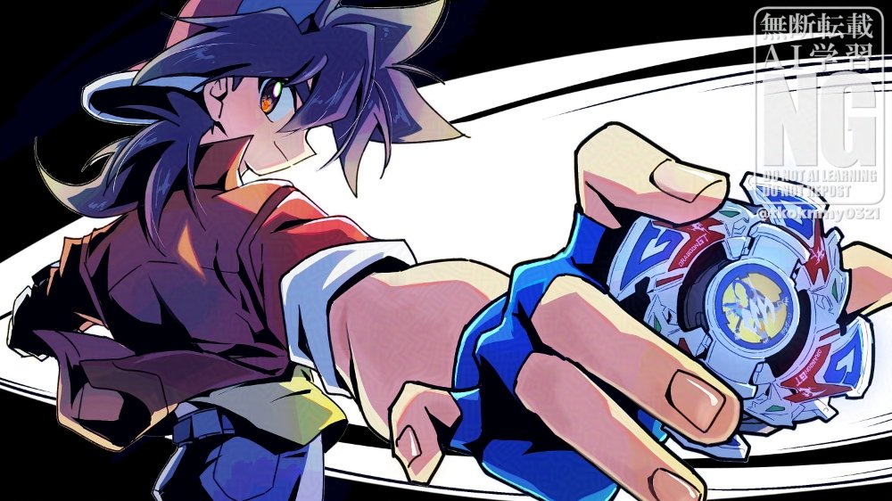 1boy bakuten_shoot_beyblade baseball_cap beyblade beyblade_(object) black_background blue_hat blue_pants cowboy_shot denim fingerless_gloves from_behind gloves hat hat_basket jacket kinomiya_takao looking_at_viewer male_focus pants red_hat red_jacket simple_background solo tkoknmy0321 watermark white_background yellow_pants