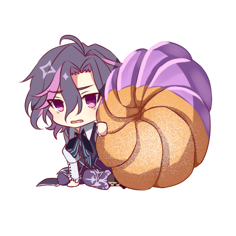 1boy bags_under_eyes bow chibi chibi_only dame_x_prince donut food full_body hair_between_eyes kneeling looking_ahead male_focus mare_selen_el_phiriazar messy_hair nanahi_tsubaki open_mouth pants purple_eyes purple_hair purple_pants shirt solo striped_bow white_background white_shirt