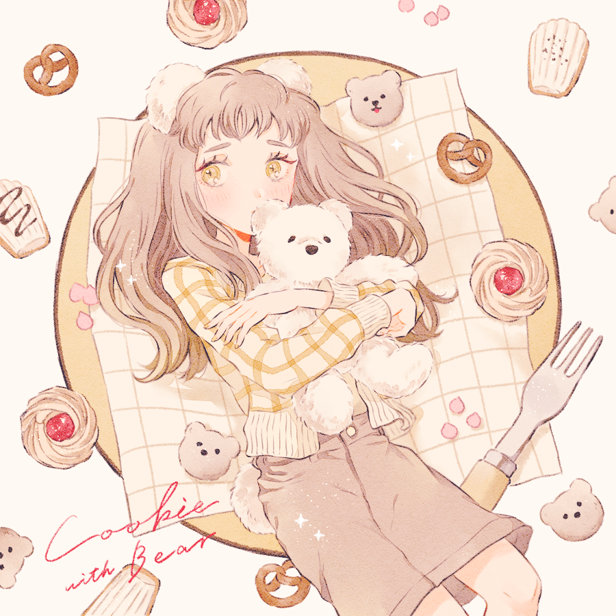 1girl animal_ears bear_ears bear_girl bear_tail blonde_hair brown_eyes brown_shorts cardigan closed_mouth cookie food fork gradient_hair hugging_doll hugging_object long_sleeves looking_to_the_side multicolored_hair original pretzel ryokuno_green shorts simple_background solo standing stuffed_animal stuffed_toy tail teddy_bear upper_body white_background yellow_cardigan