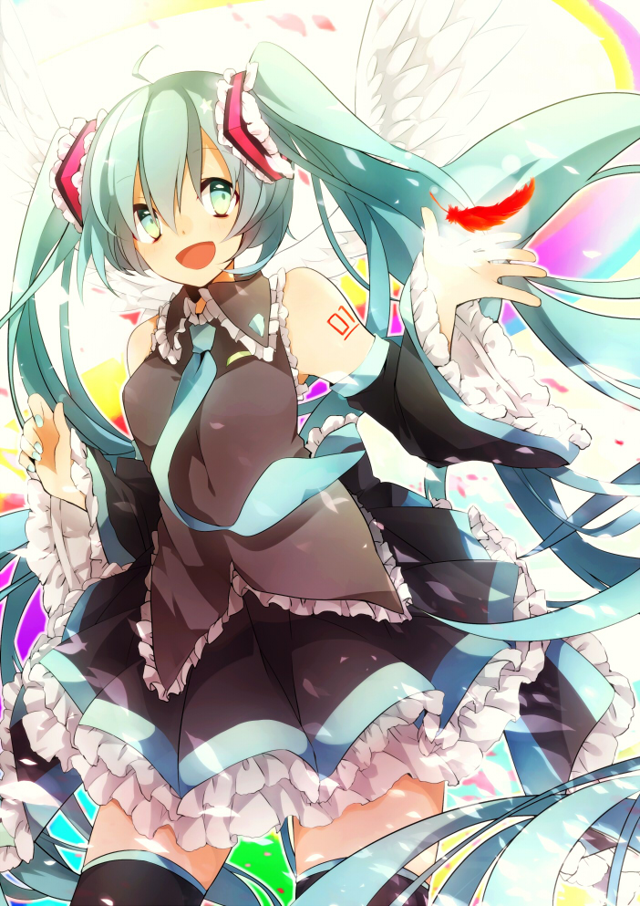 aka_tonbo_(lililil) aqua_eyes aqua_hair feathers hatsune_miku long_hair necktie smile solo twintails vocaloid wings