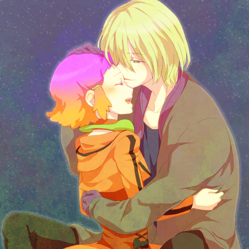 10s 1boy 1girl aquarion_(series) aquarion_evol bad_id bad_pixiv_id blonde_hair coat closed_eyes gloves gradient_hair hair_ornament hetero hug jin_musou multicolored_hair orange_hair purple_hair saiba_(henrietta) short_hair smile yunoha_thrul