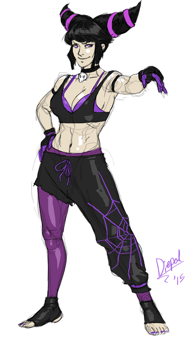 1girl alternate_costume armlet asymmetrical_clothes black_hair bra breasts choker cleavage diepod female_focus full_body gloves han_juri hand_on_own_hip jewelry leggings midriff multiple_bras nail_polish pantyhose purple_bra purple_eyes purple_gloves purple_leggings purple_nails short_twintails simple_background single_pantsleg sketch smile solo spider_web_print sports_bra street_fighter street_fighter_iv_(series) toeless_legwear toenail_polish toenails toes twintails underwear