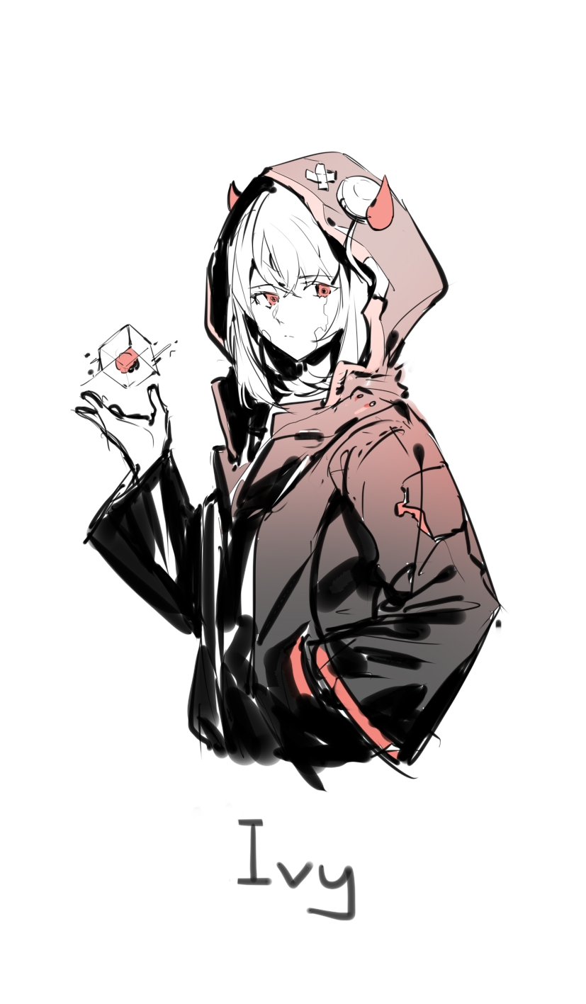 1girl black_hood black_jacket black_sleeves character_name crack cube cytus cytus_ii demon_horns fake_horns hand_in_pocket highres hood hood_up hooded_jacket horns ivy_(cytus) jacket lobelia_(saclia) long_sleeves looking_at_viewer medium_hair outstretched_hand parted_lips red_eyes red_horns shirt simple_background solo turtleneck upper_body white_background white_hair white_shirt wide_sleeves