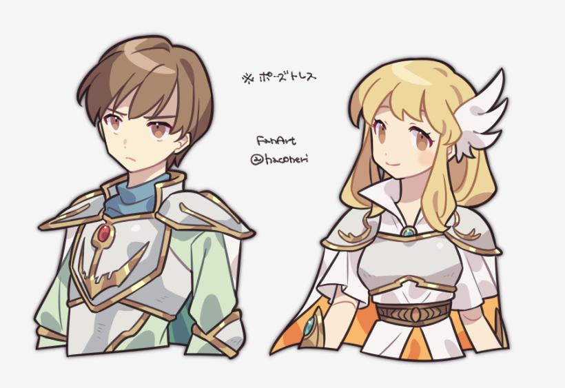 1boy 1girl armor blonde_hair brown_eyes brown_hair closed_mouth commentary_request feather_hair_ornament feathers fire_emblem fire_emblem:_thracia_776 frown gold_trim haconeri hair_ornament leif_(fire_emblem) long_hair nanna_(fire_emblem) nintendo pauldrons short_hair shoulder_armor simple_background standing v-shaped_eyebrows white_background