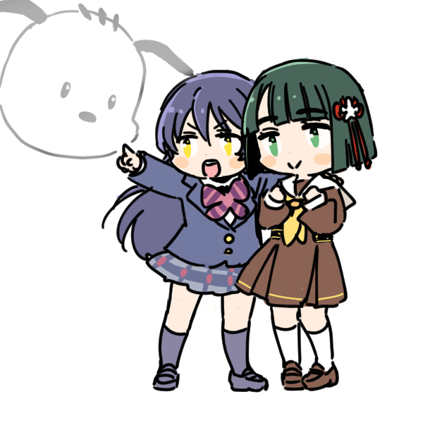 2girls :&gt; :d alternate_legwear black_footwear black_socks blazer blue_hair blue_jacket blue_skirt blunt_bangs blunt_ends blush_stickers bow bowtie brown_dress brown_shoes closed_mouth commentary_request dark_blue_hair deformed diagonal-striped_bow diagonal-striped_bowtie diagonal-striped_clothes dog dress flower flower_knot full_body green_eyes green_hair hair_between_eyes hair_flower hair_ornament hasu_no_sora_school_uniform in-franchise_crossover index_finger_raised jacket link!_like!_love_live! loafers long_hair long_sleeves love_live! love_live!_school_idol_project medium_dress miniskirt momose_ginko multiple_girls neckerchief open_mouth otonokizaka_school_uniform plaid_clothes plaid_skirt pleated_dress pleated_skirt pochacco pointing purple_bow purple_bowtie sailor_collar sailor_dress sanrio school_uniform shinanoya_(satanicad) shirt shoes short_hair simple_background skirt smile socks sonoda_umi split_mouth striped_clothes teeth upper_teeth_only v-shaped_eyebrows virtual_youtuber white_background white_sailor_collar white_shirt white_socks winter_uniform yellow_eyes yellow_neckerchief