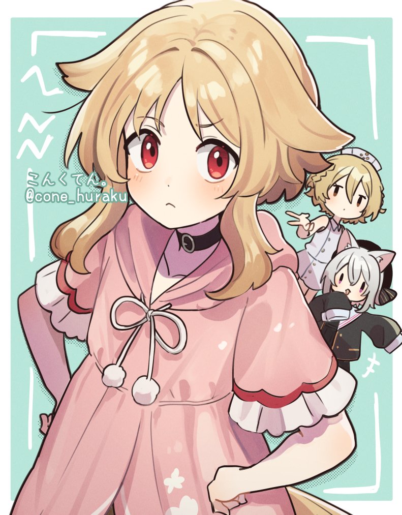 3girls :&lt; animal_ears annoyed artist_name belt_collar beret black_choker black_headwear blonde_hair blush border braid cat_ears cat_girl chibi chibi_inset choker closed_mouth collar commentary_request corn_kuten dot_mouth drawstring dress frown green_background grey_dress grey_hair gyaru_v hair_flaps hand_to_own_mouth hands_on_own_hips hat hood hood_down hoodie looking_at_viewer multiple_girls nurse nurse_cap nurse_robot_type_t open_mouth ouka_miko outside_border outstretched_arm pink_hoodie pom_pom_(clothes) raised_eyebrow sayo_(voicevox) short_hair short_hair_with_long_locks short_sleeves shout_lines side_braids simple_background sleeveless sleeveless_dress sleeves_past_fingers sleeves_past_wrists solid_oval_eyes solo_focus tail tied_drawstring twitter_username utau v voicevox white_border