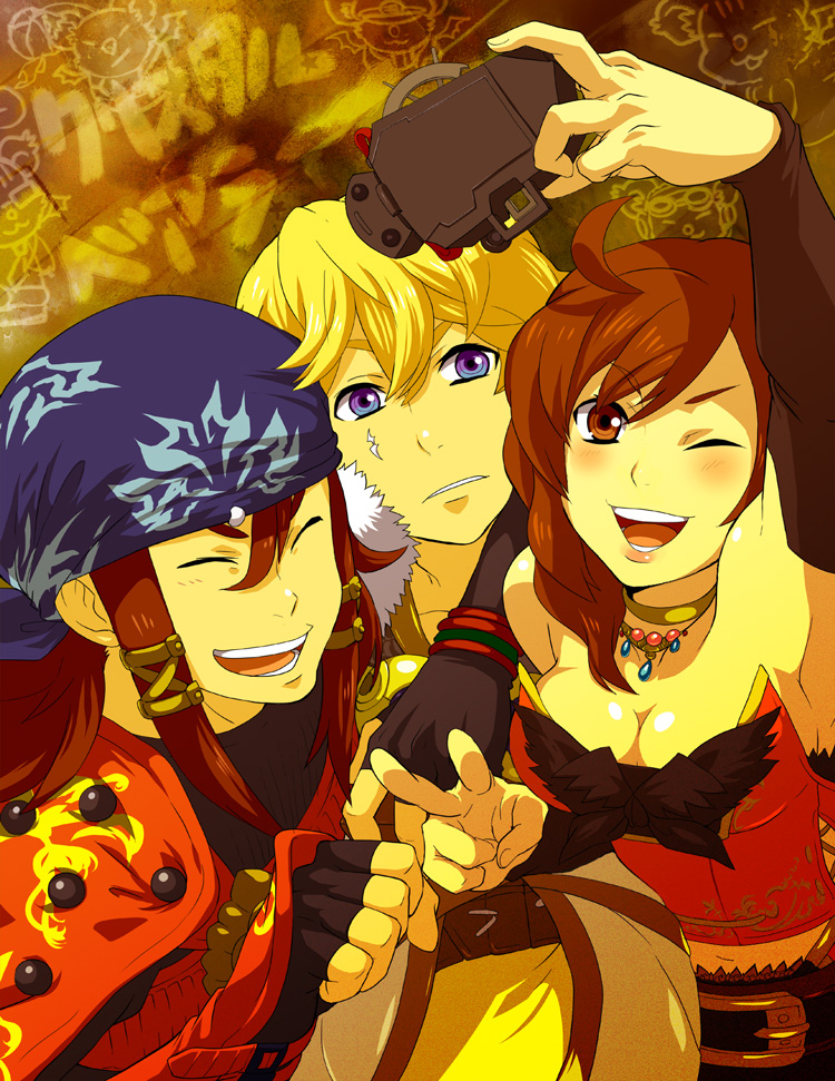 1girl 2boys bad_id bad_pixiv_id bandana belle_(crystal_bearers) blonde_hair blue_eyes breasts brown_eyes brown_hair camera cleavage final_fantasy final_fantasy_crystal_chronicles_the_crystal_bearers hair_ornament jewelry keiss large_breasts layle mikami multiple_boys necklace v