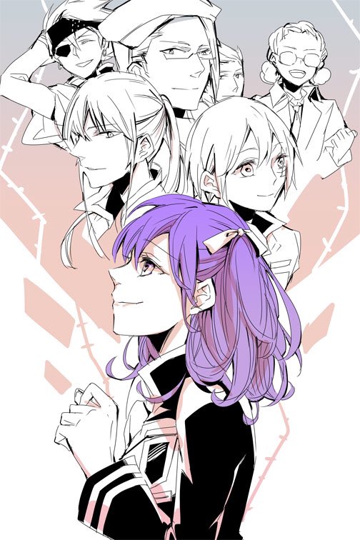 1girl 6+boys allen_walker aogr_xa badge black_coat black_headband black_order_uniform blue_background closed_eyes coat collared_coat collared_shirt d.gray-man earrings eyepatch facial_mark glasses gradient_background hair_between_eyes hair_bun hair_ribbon hand_on_own_head hat headband hoop_earrings jewelry johnny_gill kanda_yuu komui_lee lavi lenalee_lee light_smile long_hair looking_ahead looking_at_another looking_up medium_hair military military_uniform monochrome multiple_boys necktie one_eye_covered pink_background ponytail profile purple_hair reever_wenhamm ribbon scar scar_on_face shirt short_hair sidelocks smile striped_coat two_side_up white_background