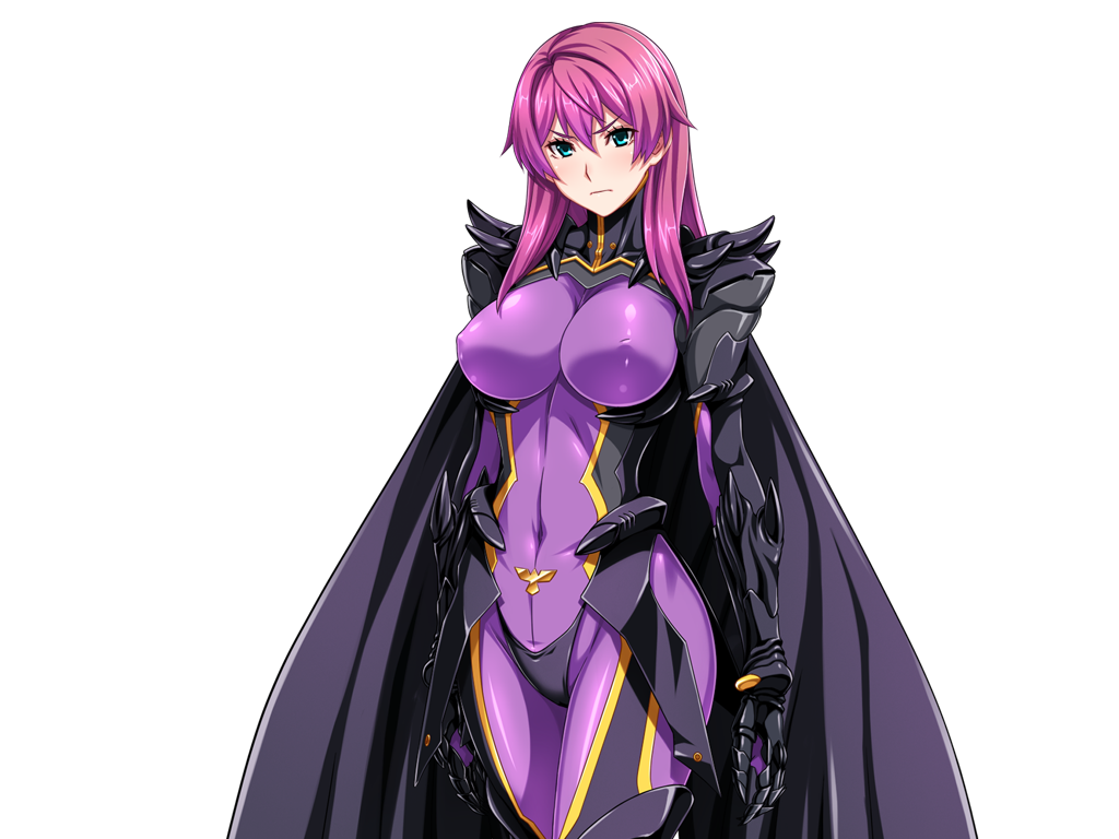 &gt;:( 1girl aqua_eyes armor black_cape blue_eyes bodysuit breasts cape covered_erect_nipples covered_navel cowboy_shot dark_reica frown game_cg gauntlets gentle_sasaki large_breasts large_variant_set long_hair looking_at_viewer non-web_source official_art pink_hair purple_bodysuit purple_hair shindou_hatsune skin_tight solo soukou_senki_prism_reica standing transparent_background v-shaped_eyebrows variant_set