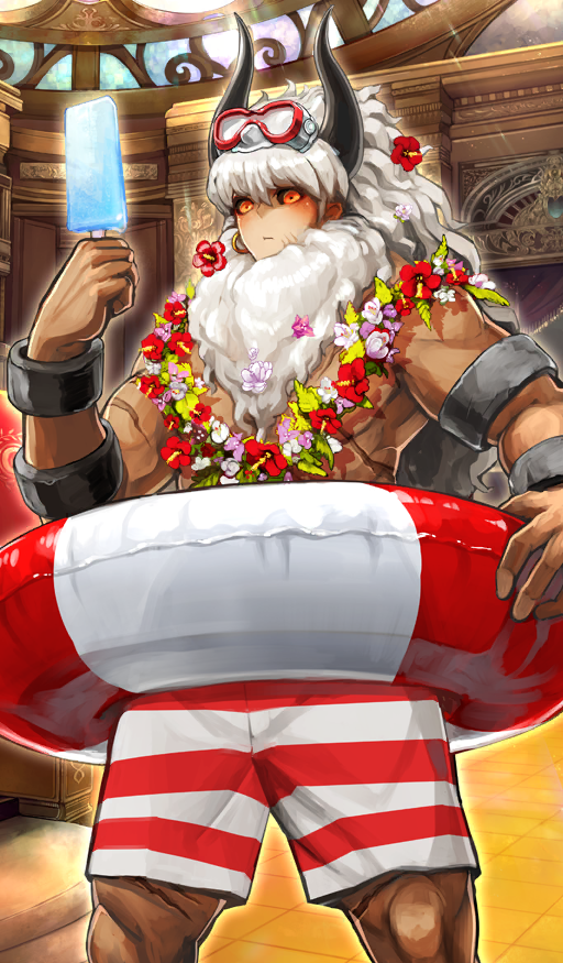 1boy :i armlet asterios_(fate) asterios_(formal_dress)_(fate) beard black_horns black_sclera blush bracelet chaldea_logo closed_mouth colored_sclera commentary dark-skinned_male dark_skin earrings facial_hair fate/grand_order fate_(series) feet_out_of_frame flower flower_necklace flower_request food goggles goggles_on_head hair_between_eyes hair_flower hair_ornament holding holding_food holding_popsicle hoop_earrings horizontal-striped_clothes horns indoors innertube jewelry light_rays long_beard long_hair looking_at_viewer male_focus male_swimwear muscular muscular_male necklace official_art pink_flower popsicle red_eyes red_flower red_male_swimwear scar scar_on_arm scar_on_chest scar_on_chin scar_on_face scar_on_leg shimadoriru solo stained_glass standing striped_male_swimwear swim_ring swim_trunks third-party_source white_beard white_flower white_hair white_male_swimwear