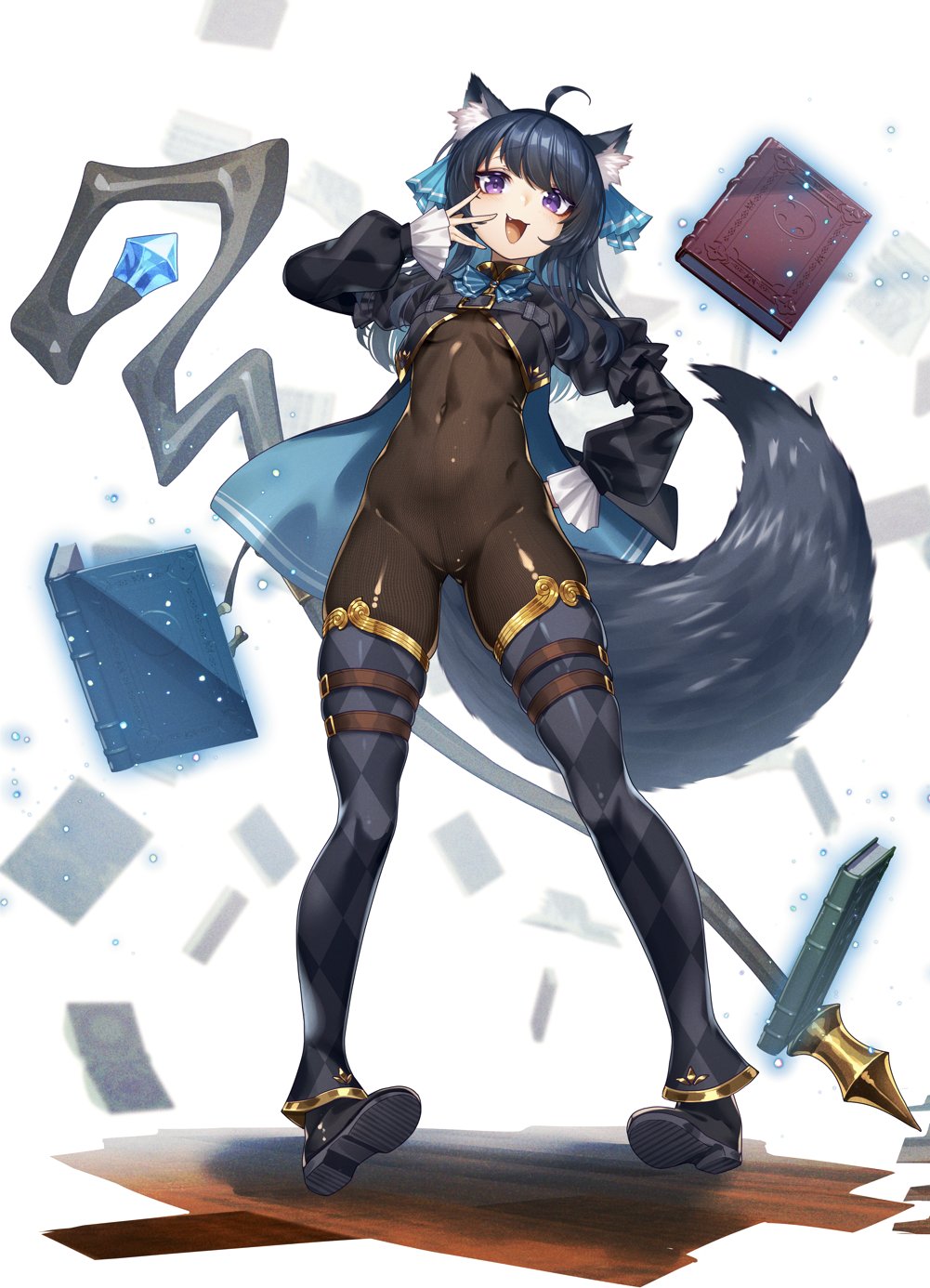 1girl animal_ear_fluff animal_ears argyle_clothes argyle_shirt argyle_thighhighs black_hair blue_eyes book breasts cat_ears cat_girl chest_belt cluseller floating floating_book floating_object floating_weapon hair_ornament highres levitation long_hair long_sleeves looking_at_viewer mage_staff multiple_weapons navel open_book open_mouth original red_eyes see-through_bodystocking shirt simple_background skirt smile solo staff svartlilja_(vrchat) tail telekinesis vrchat white_background