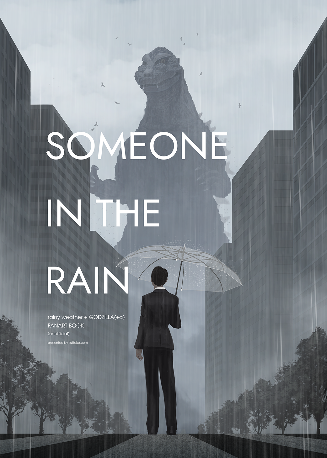 1boy bird black_hair building business_suit city claws cloud cloudy_sky day dinosaur ears english_text fangs flying fog formal_clothes giant giant_monster godzilla godzilla_(1954) godzilla_(series) highres kaiju monster overcast rain sharp_teeth short_hair sky skyscraper spikes storm suit suttoko teeth toho tree umbrella