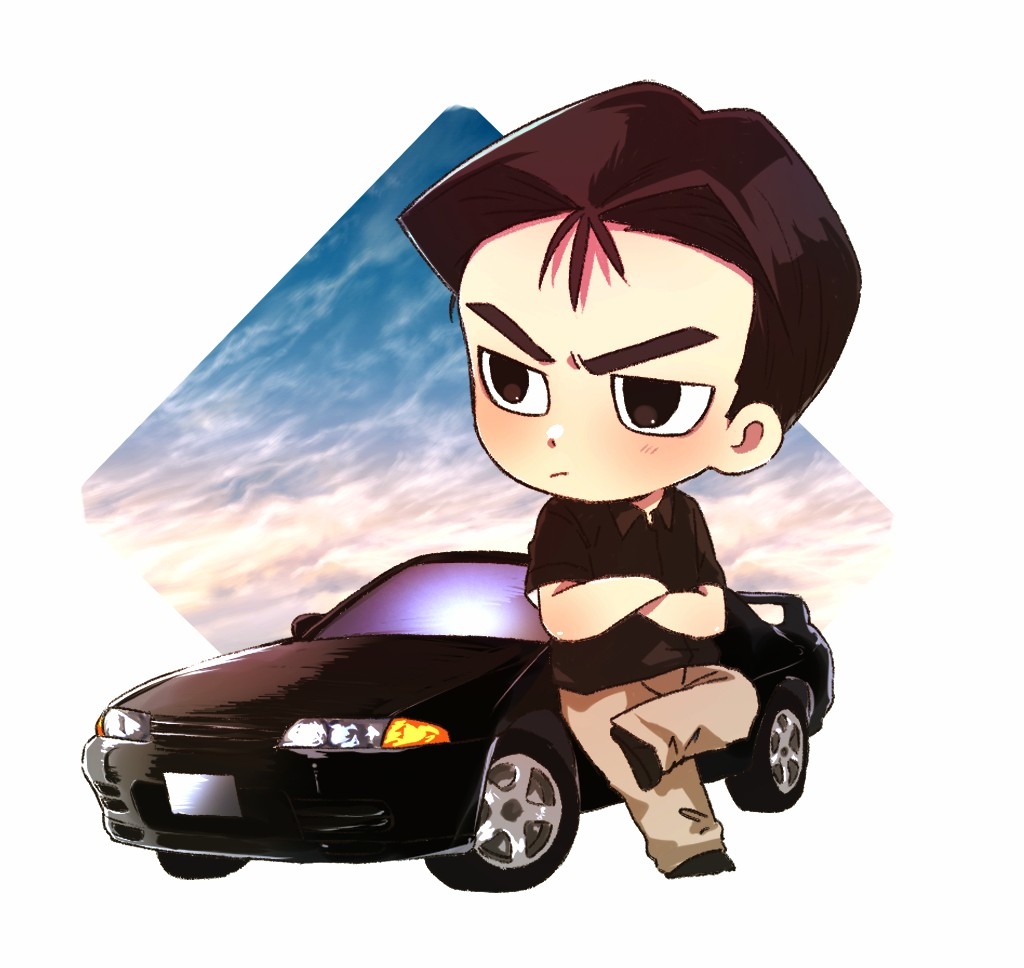 1boy black_eyes black_shirt black_shoes brown_hair brown_pants car chibi collared_shirt crossed_arms frown initial_d male_focus motor_vehicle nakazato_takeshi nissan nissan_skyline nissan_skyline_gt-r nissan_skyline_r32 pants shirt shoes sky sneakers solo spoiler_(automobile) tamu_(tei_fujou) v-shaped_eyebrows