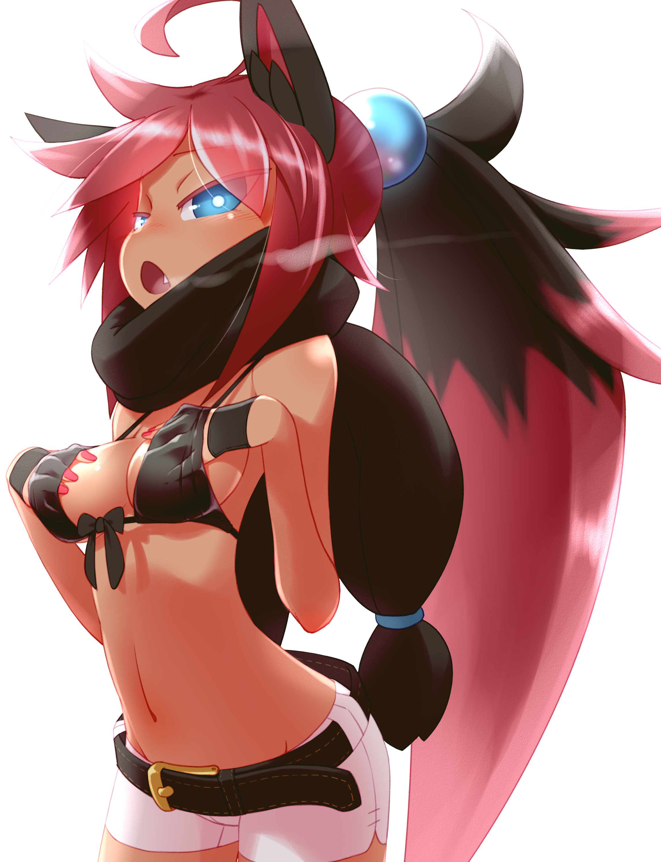 1girl absurdres ahoge animal_ears belt bikini bikini_top_only black_hair blue_eyes breasts dark-skinned_female dark_skin fang game_freak gen_5_pokemon gloves grabbing_own_breast highres long_hair looking_at_viewer medium_breasts multicolored_hair navel neck_o nintendo open_mouth personification pokemon red_hair short_shorts shorts simple_background solo swimsuit tan two-tone_hair very_long_hair white_background zoroark