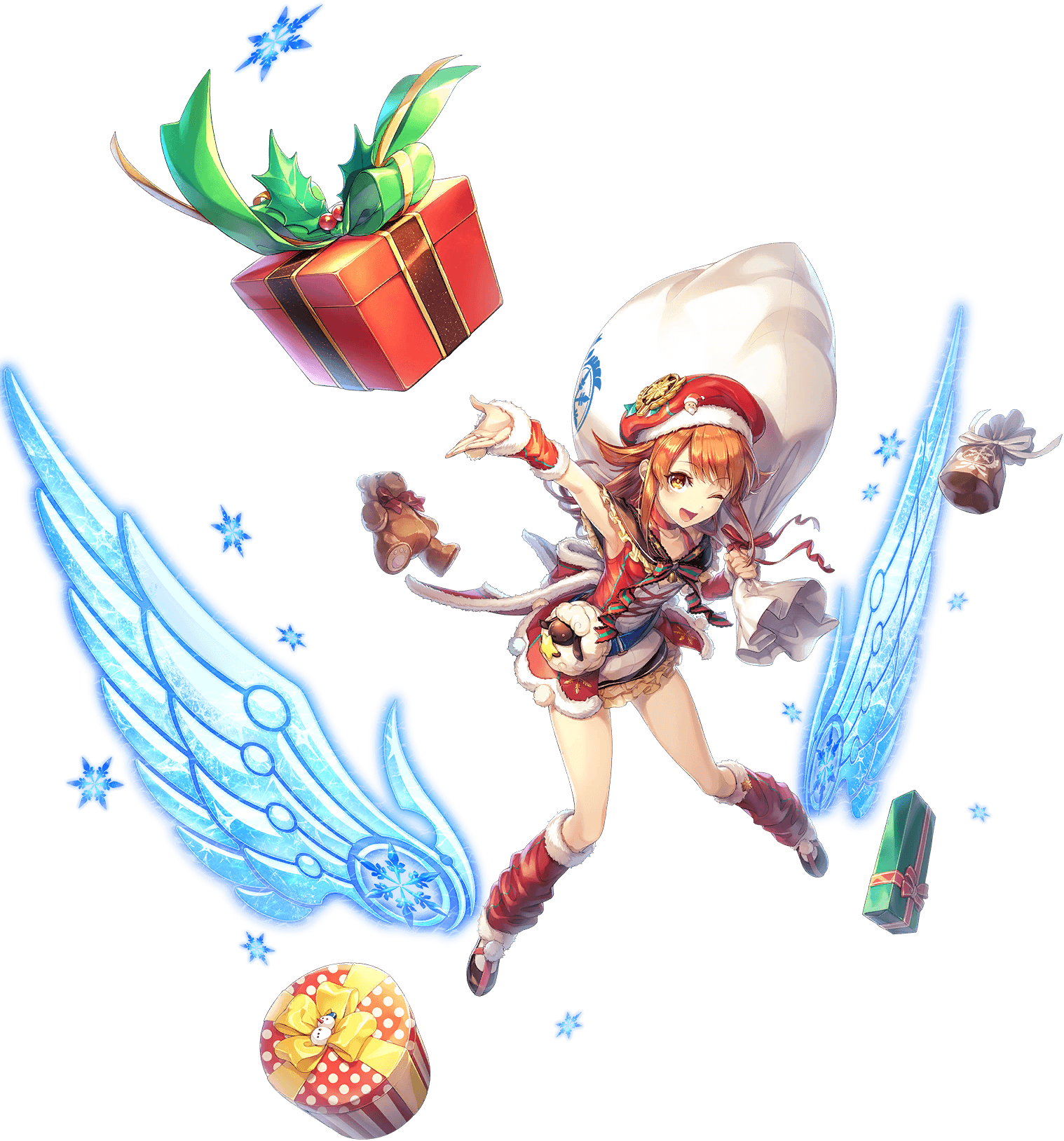 1girl ankle_wings arm_up armpits artist_request bare_legs bow breasts detached_wings full_body game_cg gift hat highres holding holding_sack merumeru_(unitia) official_art one_eye_closed open_mouth orange_eyes orange_hair red_bow sack santa_hat snowflakes snowman solo source_request stuffed_animal stuffed_toy teddy_bear transparent_background unitia wings yellow_bow