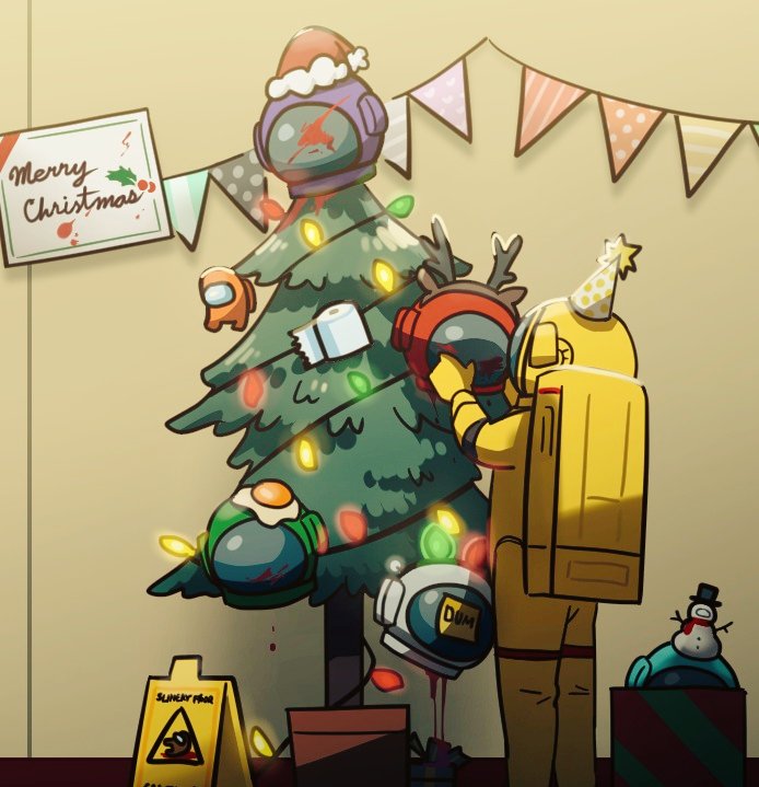 2others among_us antlers blood blood_splatter box brown_(among_us) brown_hairband christmas christmas_lights christmas_present christmas_tree commentary_request crewmate_(among_us) dripping egg_(food) english_text facing_away fake_antlers feet_out_of_frame food fried_egg from_behind fur-trimmed_headwear fur_trim gift gift_box green_(among_us) hairband hat helmet holding holding_helmet holly horns korean_commentary merry_christmas mini_crewmate_(among_us) multiple_others party_hat polka_dot pom_pom_(clothes) red_(among_us) santa_hat severed_head shusam solo_focus space_helmet spacesuit standing sticky_note string_of_flags striped toilet_paper vertical_stripes wet_floor_sign white_(among_us) yellow_(among_us)
