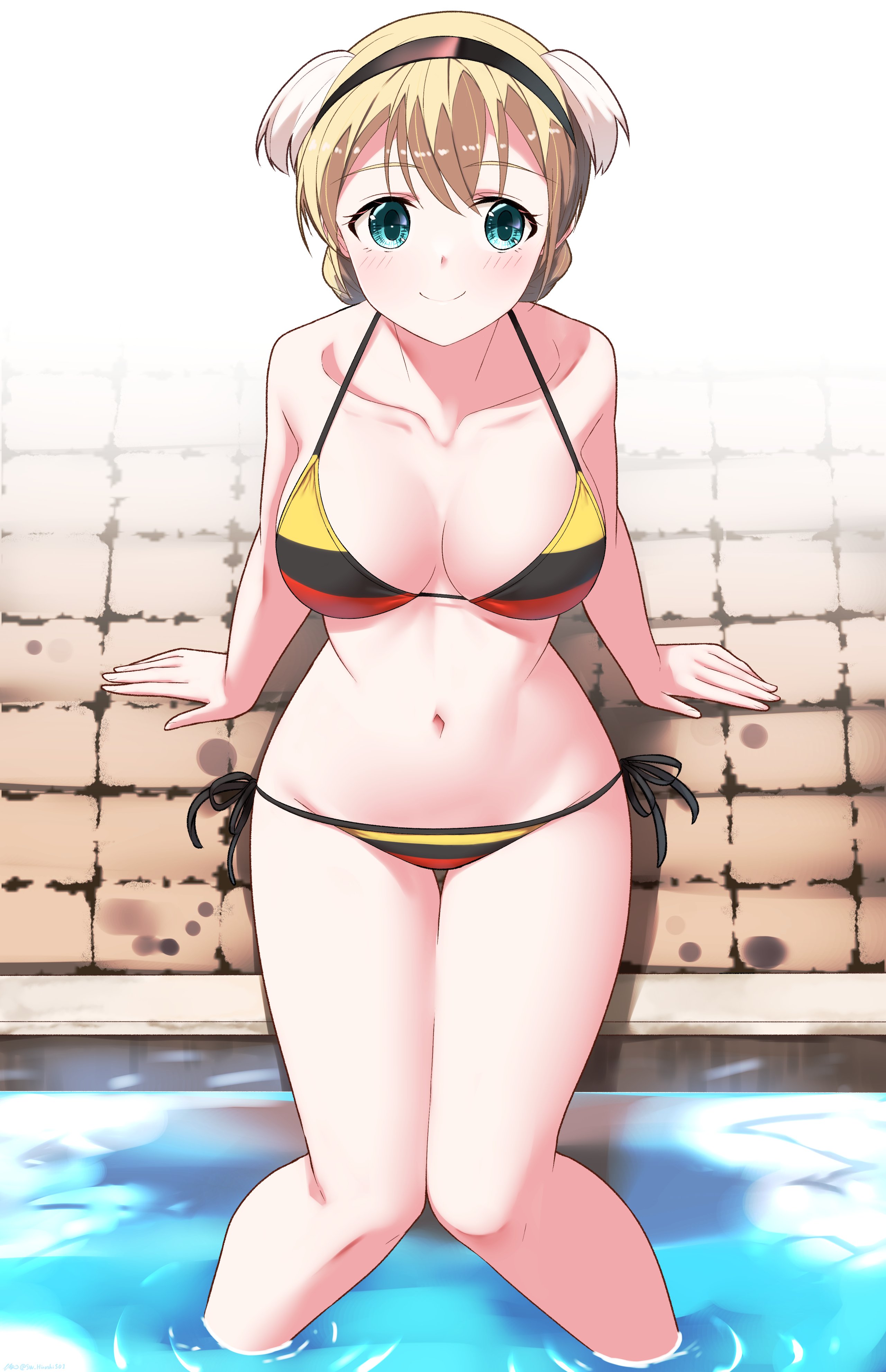 1girl absurdres animal_ears bikini blonde_hair blue_eyes blush braid breasts cleavage closed_mouth dog_ears french_braid highres hiroshi_(hunter-of-kct) large_breasts looking_at_viewer navel noble_witches outdoors pool rosalie_de_hemricourt_de_grunne side-tie_bikini_bottom smile solo swimsuit world_witches_series