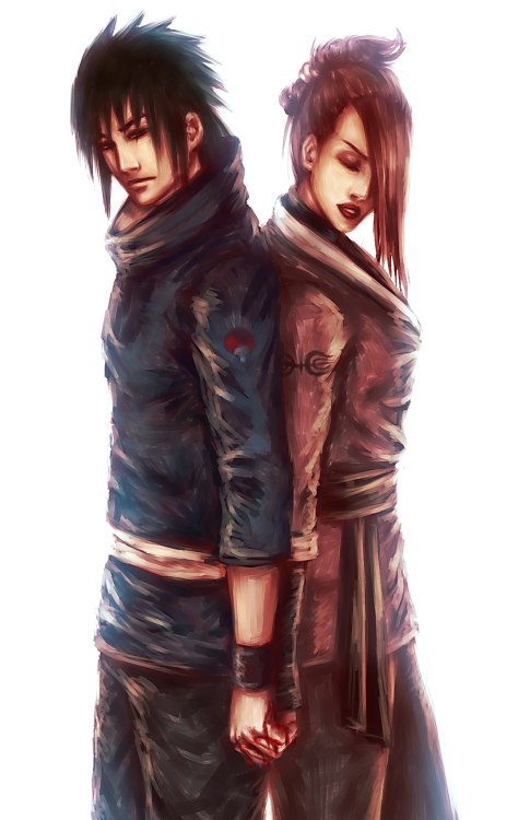 1boy 1girl back-to-back black_hair brown_hair closed_eyes hair_over_one_eye holding_hands interlocked_fingers lipstick makeup naruto_(series) naruto_shippuuden noldien senju_symbol senju_touka uchiha_izuna uchiha_symbol