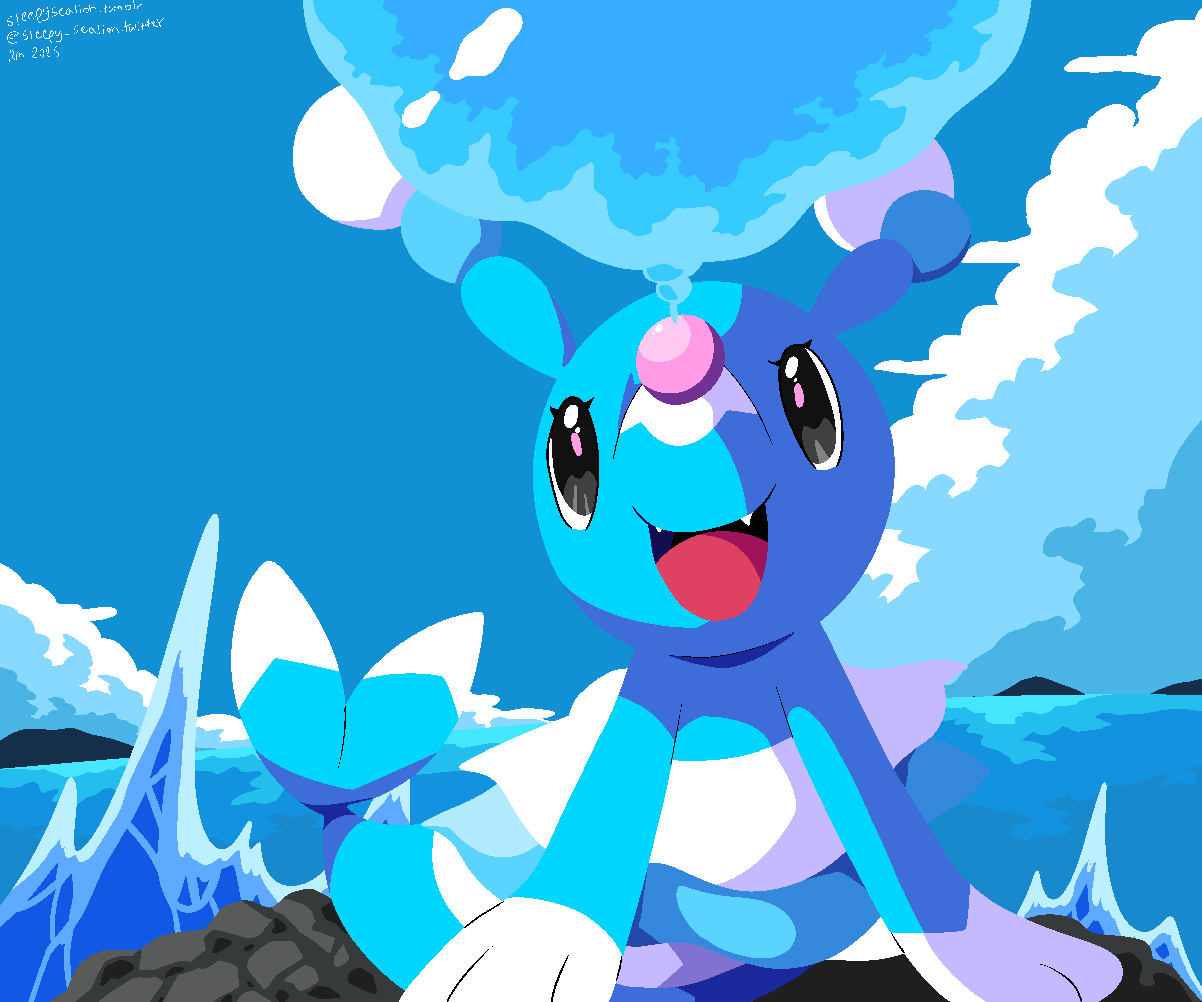 artist_name blue_sky brionne cloud day gen_7_pokemon highres nintendo no_humans open_mouth outdoors pokemon pokemon_(creature) sky sleepy_sealion solo water watermark web_address
