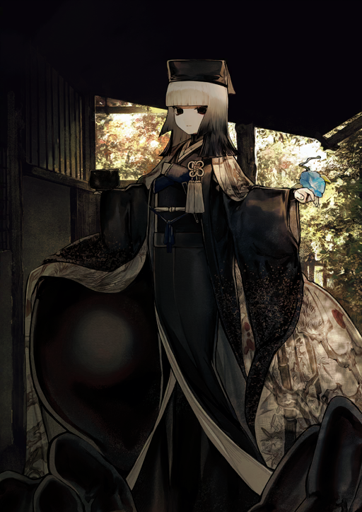 1girl albino_(a1b1n0623) black_eyes black_hair black_hat black_kimono black_sash blue_flower blunt_bangs blunt_ends chinese_knot closed_mouth cup expressionless fate/grand_order fate_(series) flower flower_request game_cg gradient_hair hands_up hat holding holding_cup holding_flower japanese_clothes kimono long_hair long_sleeves looking_at_viewer multicolored_hair obi obiage obijime official_art outstretched_arms sash sen_no_rikyu_(fate) sen_no_rikyu_(second_ascension)_(fate) solo standing straight_hair tassel third-party_source variant_set white_hair wide_sleeves
