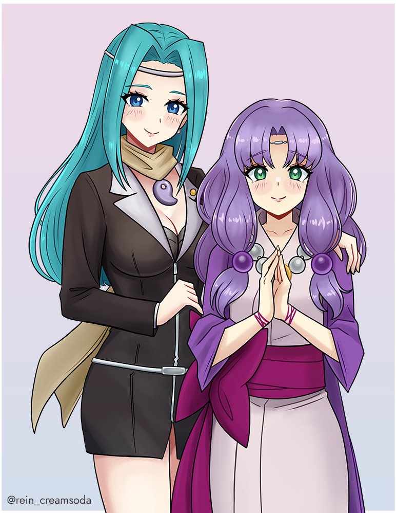 2girls ace_attorney aqua_hair bead_necklace beads blue_eyes breasts circlet cleavage commentary commission cosplay english_commentary facing_viewer fiora_(fire_emblem) fire_emblem fire_emblem:_the_blazing_blade florina_(fire_emblem) green_eyes japanese_clothes jewelry long_hair looking_at_viewer magatama magatama_necklace maya_fey maya_fey_(cosplay) medium_breasts mia_fey mia_fey_(cosplay) multiple_girls necklace nintendo own_hands_together phoenix_wright:_ace_attorney prayer_beads rein_creamsoda scarf siblings sisters smile straight-on
