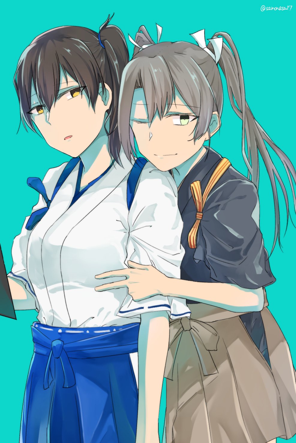 2girls aqua_background black_hair black_kimono blue_hakama brown_eyes brown_hakama cowboy_shot grey_hair hakama hakama_short_skirt hakama_skirt highres japanese_clothes kaga_(kancolle) kantai_collection kimono long_hair multiple_girls muneate one_eye_closed samonasu17 side_ponytail simple_background skirt tasuki v zuikaku_(kancolle) zuikaku_kai_ni_(kancolle)
